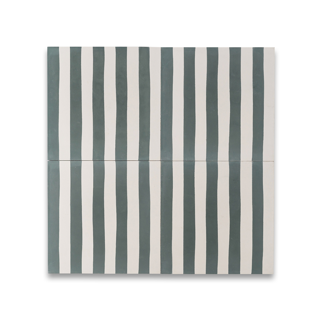 Square green metro cement tile featuring alternating vertical navy blue and white stripes with a matte finish, ideal for modern flooring, wall cladding, and contemporary interior design applications.