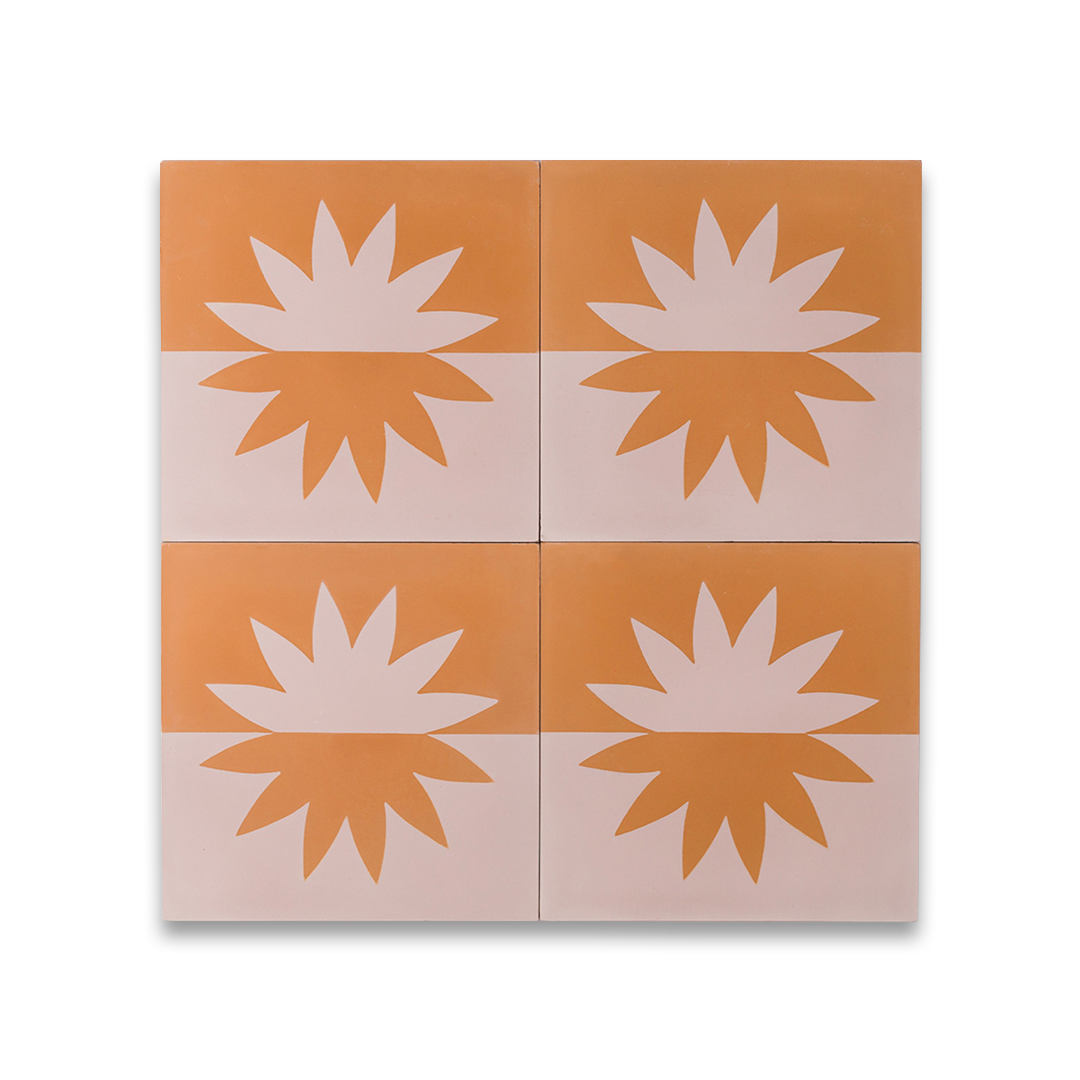 Four square tiles with starburst pattern on a white background