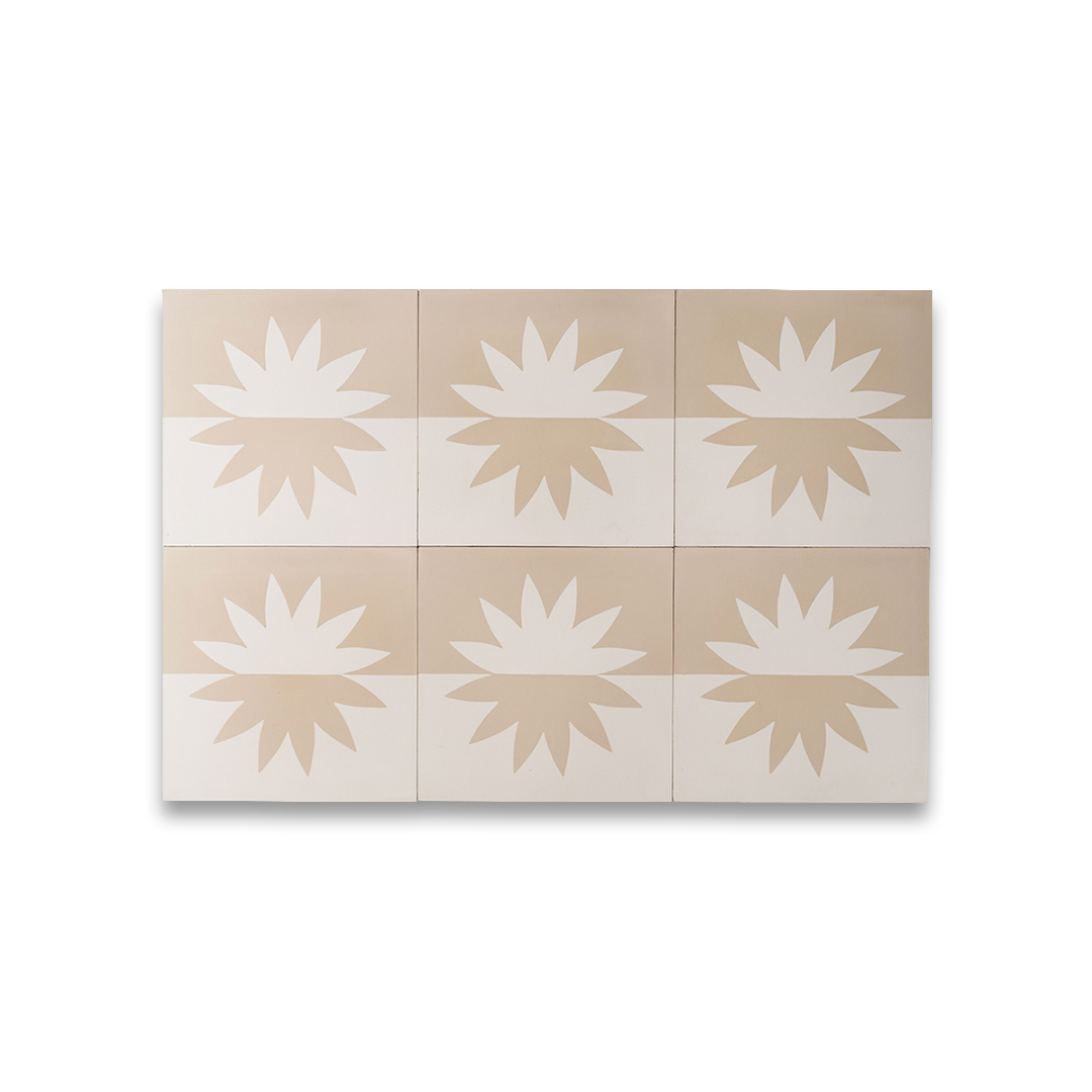 A mirrored floral sunburst motif in beige and cream tones, divided horizontally, ideal for modern flooring, wall decor, or minimalist Mediterranean interiors.
