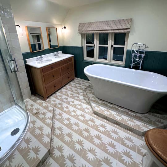 A mirrored floral sunburst motif in beige and cream tones, divided horizontally, ideal for modern flooring, wall decor, or minimalist Mediterranean interiors.