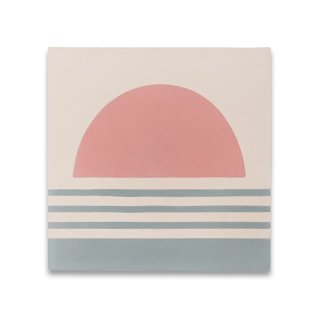 Square cement tile design featuring a minimalist sunset pattern with a blush pink semicircle and teal horizontal stripes on a beige background, ideal for modern flooring, wall cladding, or coastal interiors.