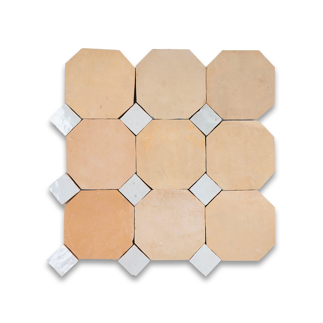 Hexagonal tiles with beige and white accents on a white background