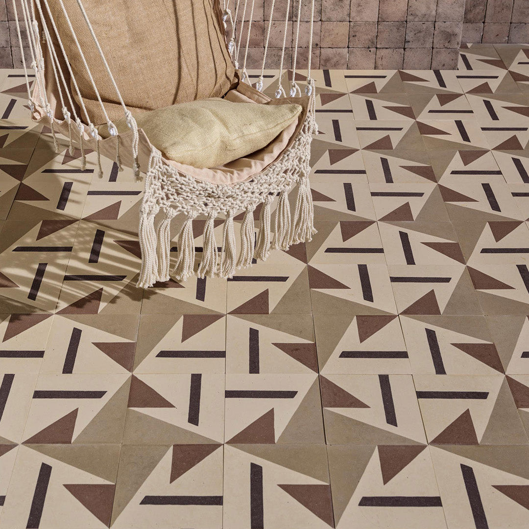 A geometric shapes in beige, brown, and black tones forming angular patterns, ideal for contemporary flooring, wall decor, or minimalist interior design applications.