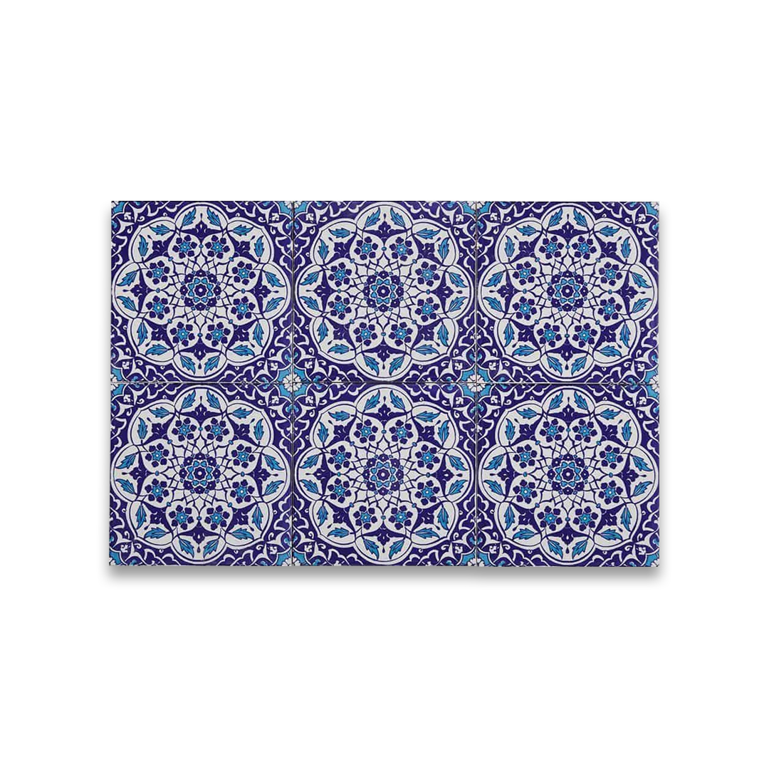 Decorative mat with blue and white geometric pattern on a white background
