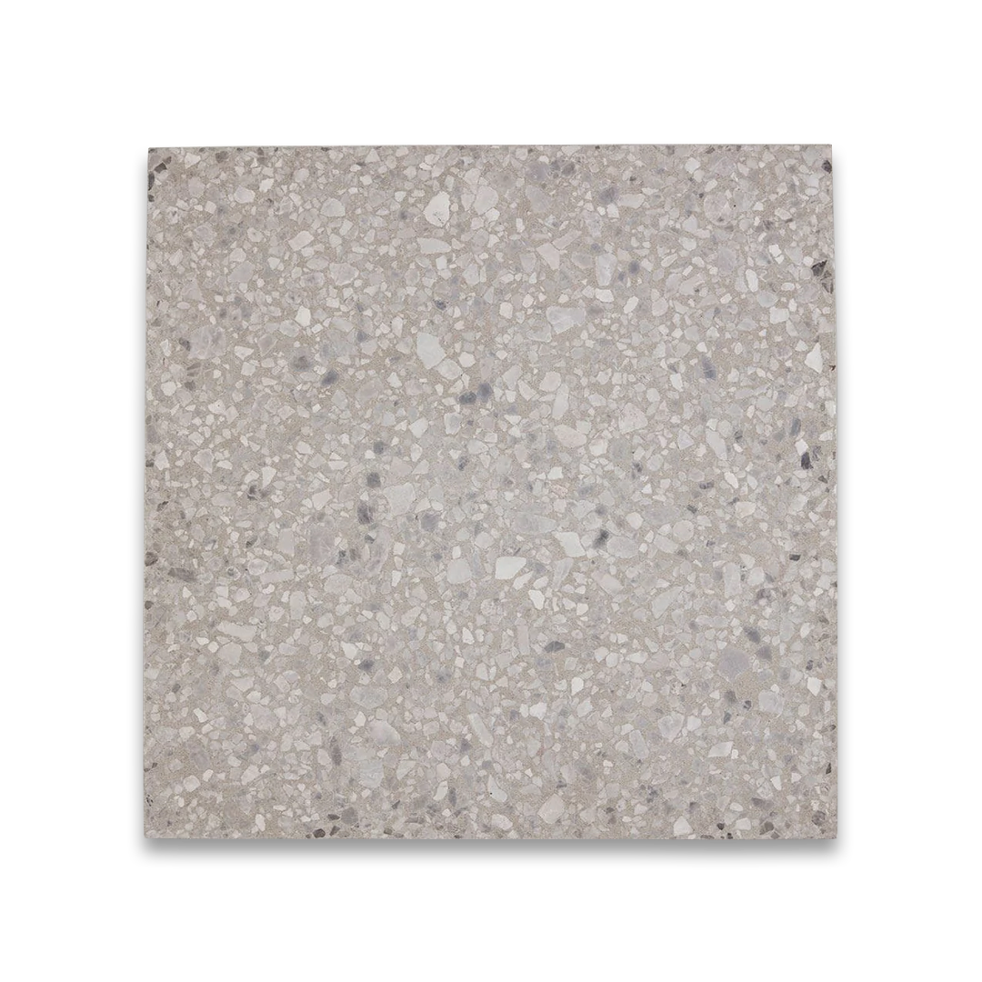 Square tile with a gray, speckled pattern on a white background