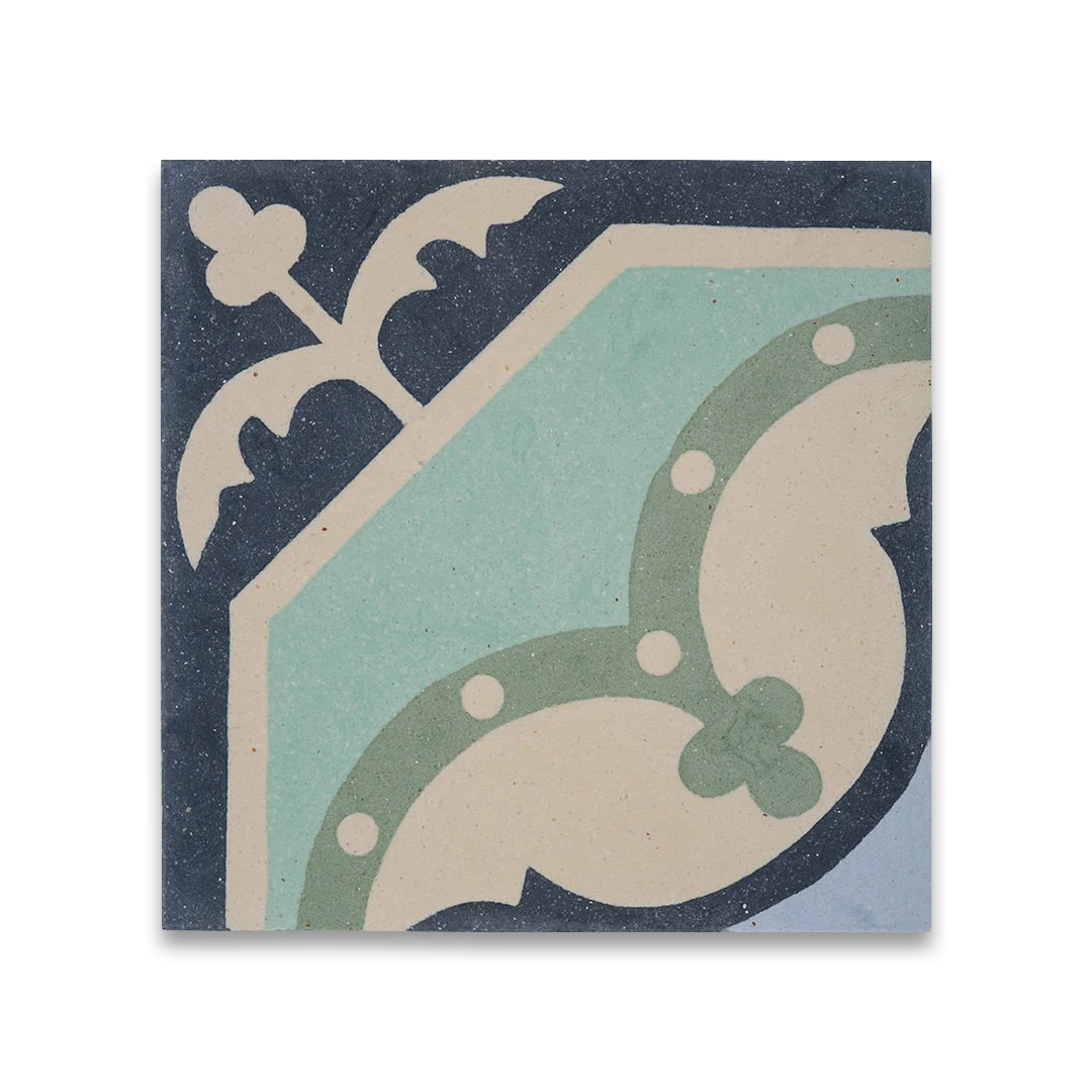 Square blue metro cement tile featuring a vintage floral corner motif in cream, mint green, and navy tones with a matte finish, ideal for Mediterranean flooring, wall décor, and heritage interior design applications.