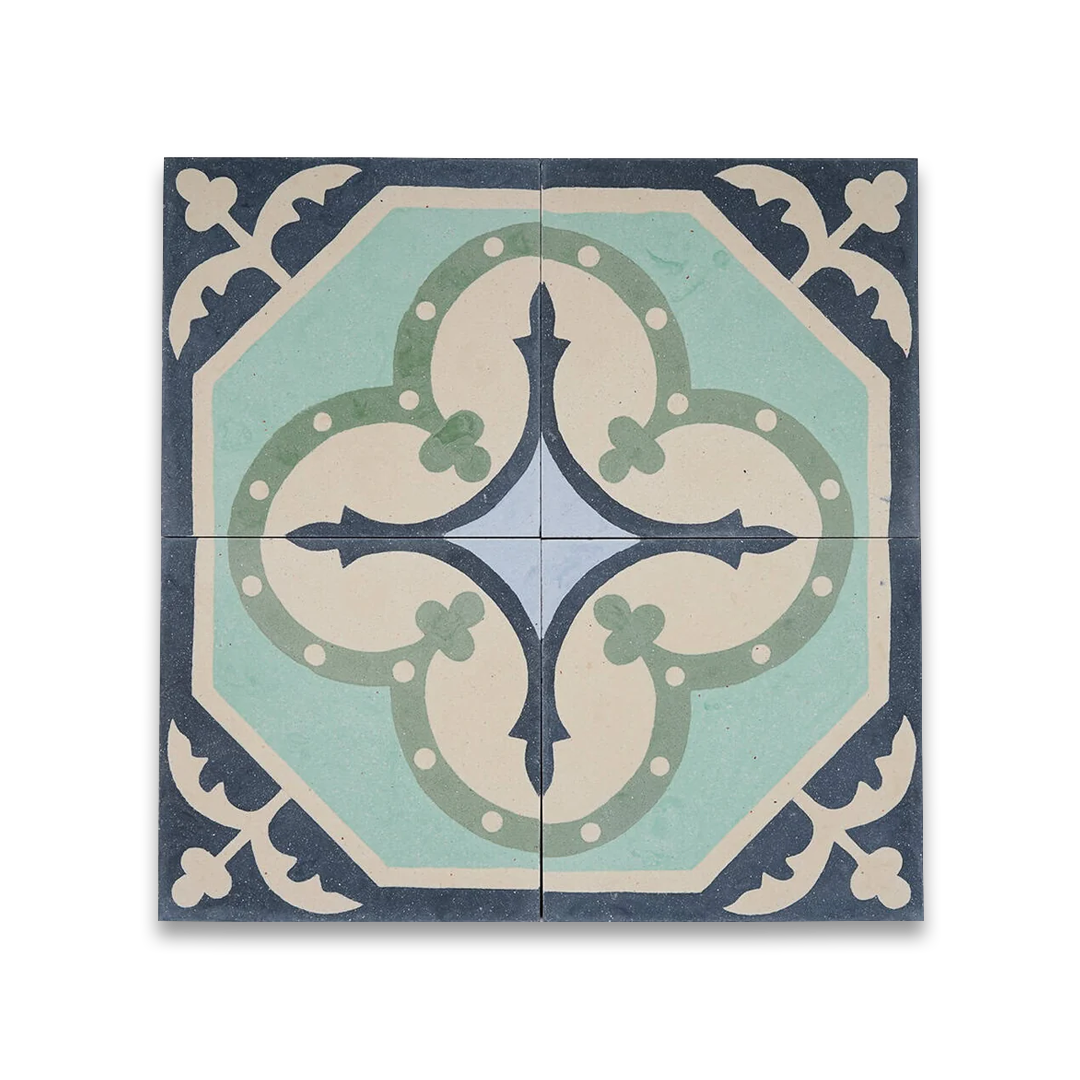 Square blue metro cement tile featuring a vintage floral corner motif in cream, mint green, and navy tones with a matte finish, ideal for Mediterranean flooring, wall décor, and heritage interior design applications.