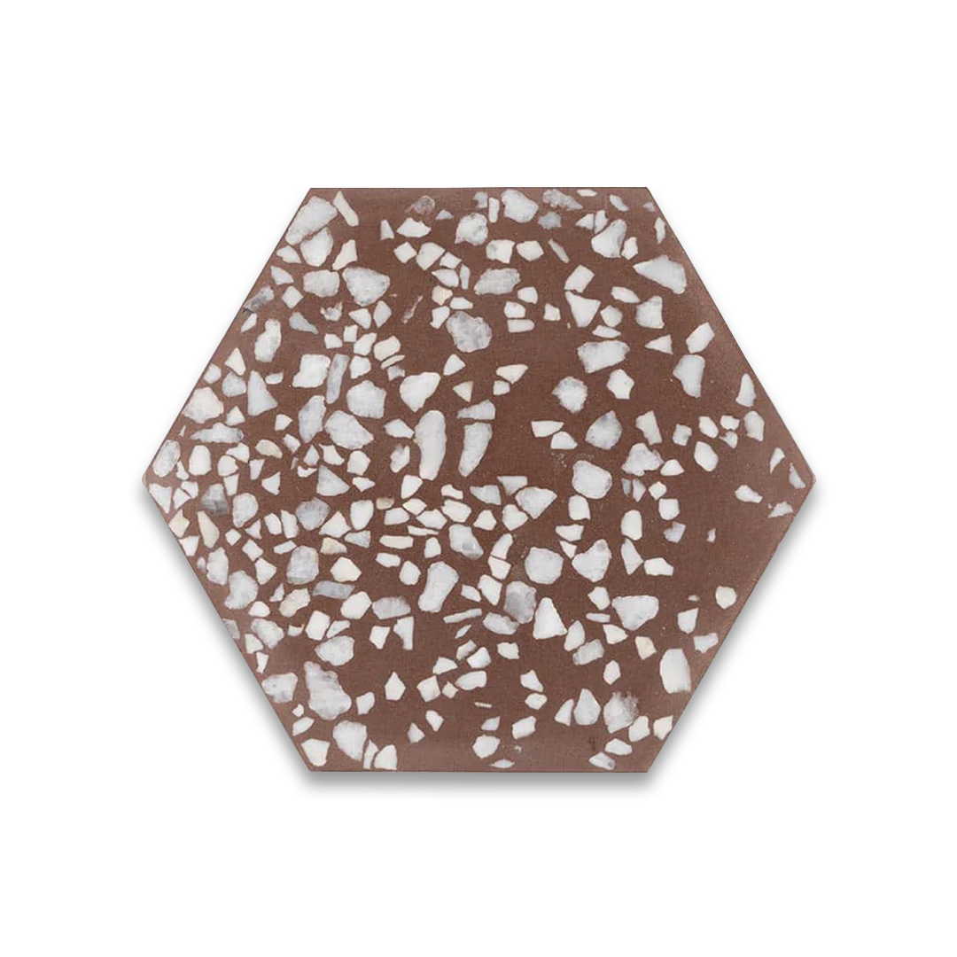 A set of hexagonal cement tiles featuring a rich brown base with scattered white terrazzo stone chips, creating a bold, modern, and textured geometric design.
