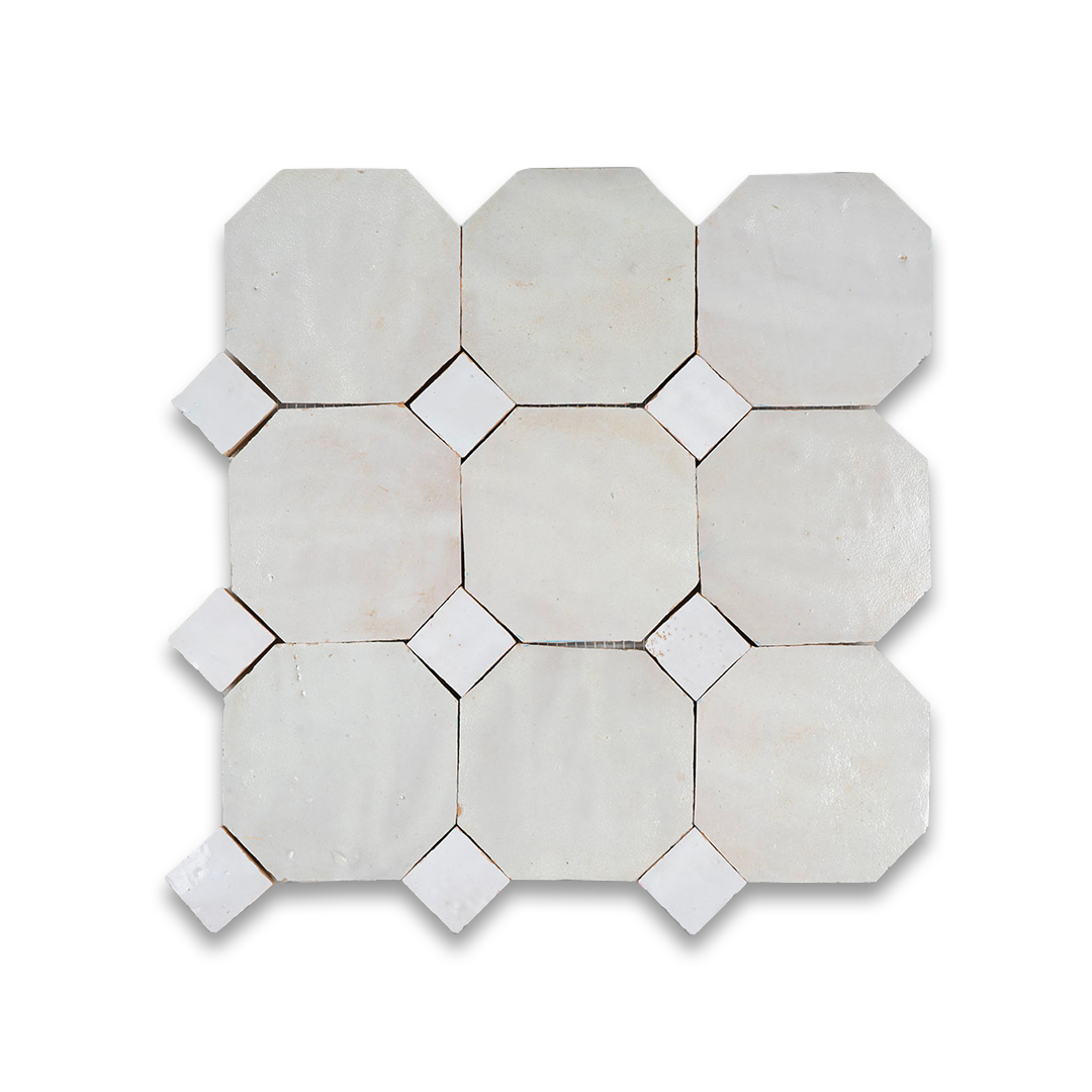 Hexagonal marble mosaic tiles on a white background