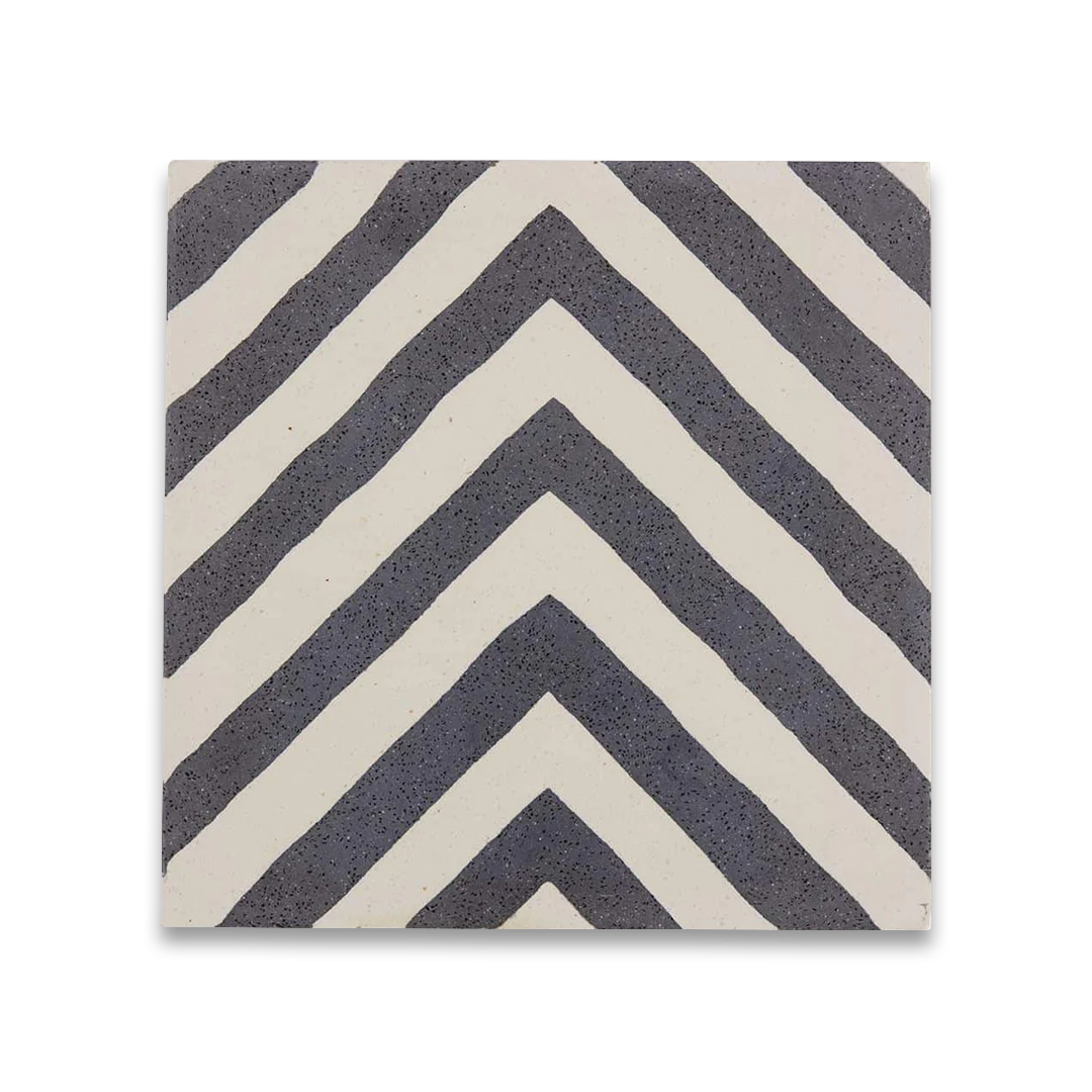 Square ceramic tile with bold chevron pattern of alternating dark gray textured and smooth off-white stripes, forming inverted V-shapes for modern geometric.