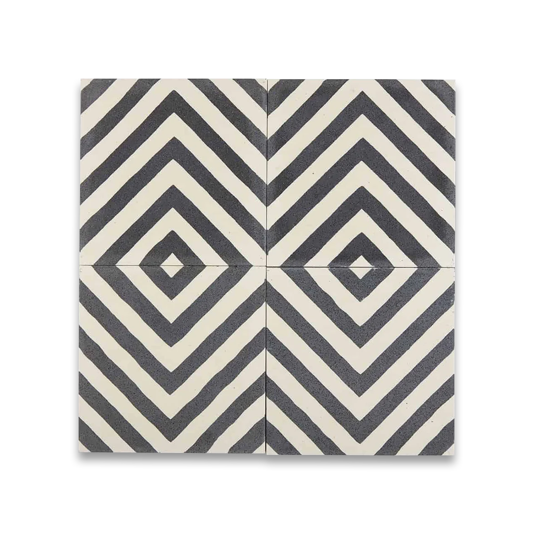 Square ceramic tile with bold chevron pattern of alternating dark gray textured and smooth off-white stripes, forming inverted V-shapes for modern geometric.