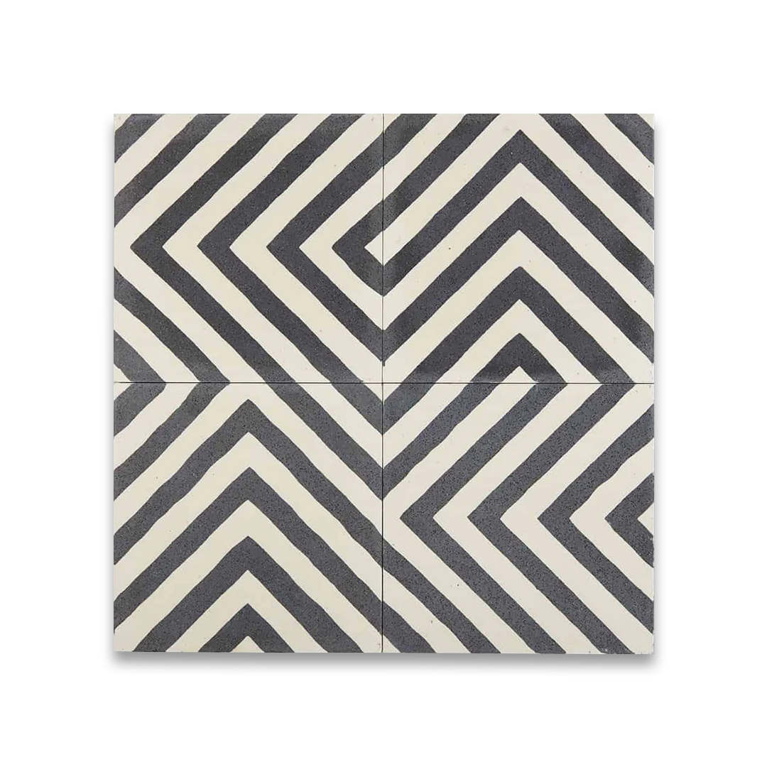Square ceramic tile with bold chevron pattern of alternating dark gray textured and smooth off-white stripes, forming inverted V-shapes for modern geometric.