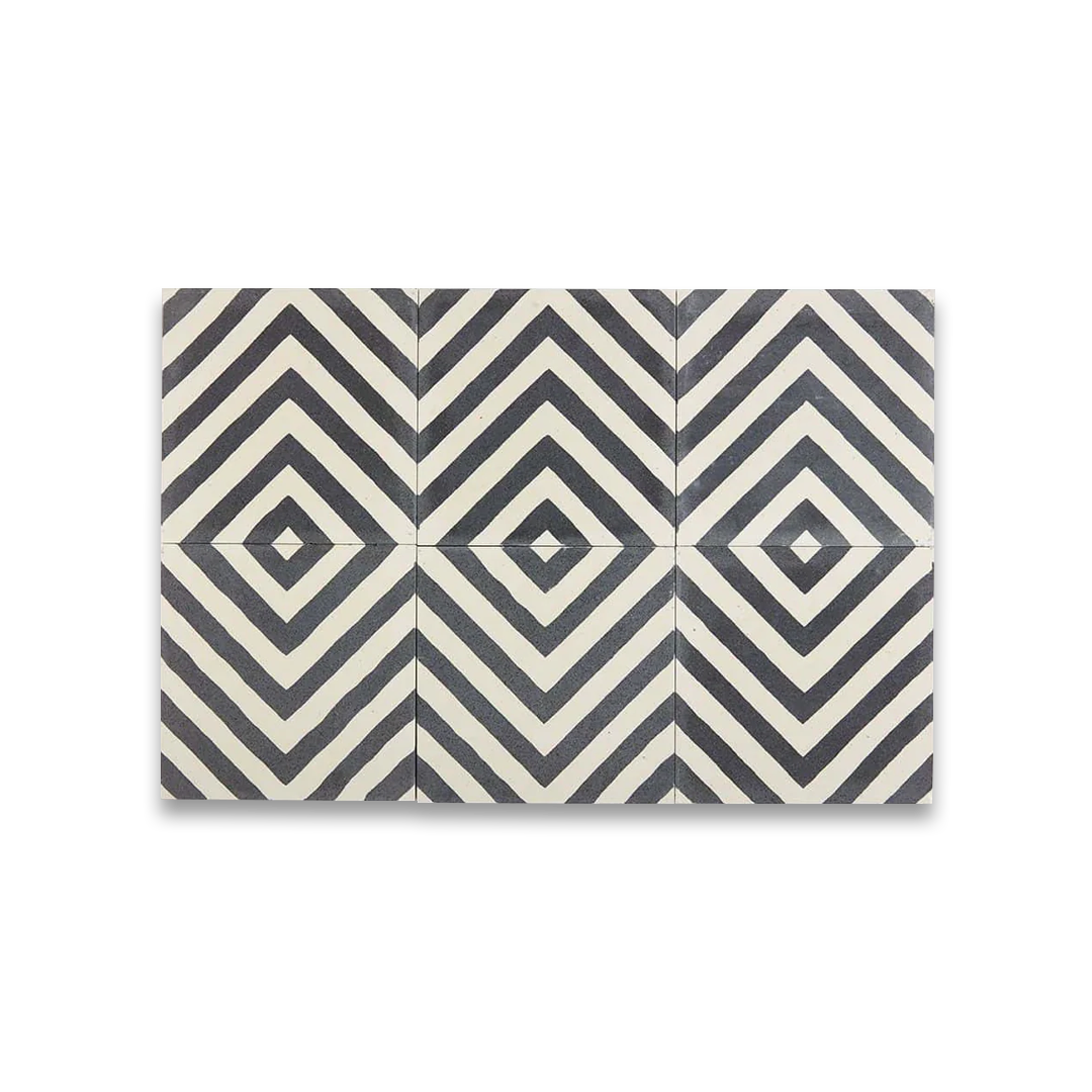 Square ceramic tile with bold chevron pattern of alternating dark gray textured and smooth off-white stripes, forming inverted V-shapes for modern geometric.