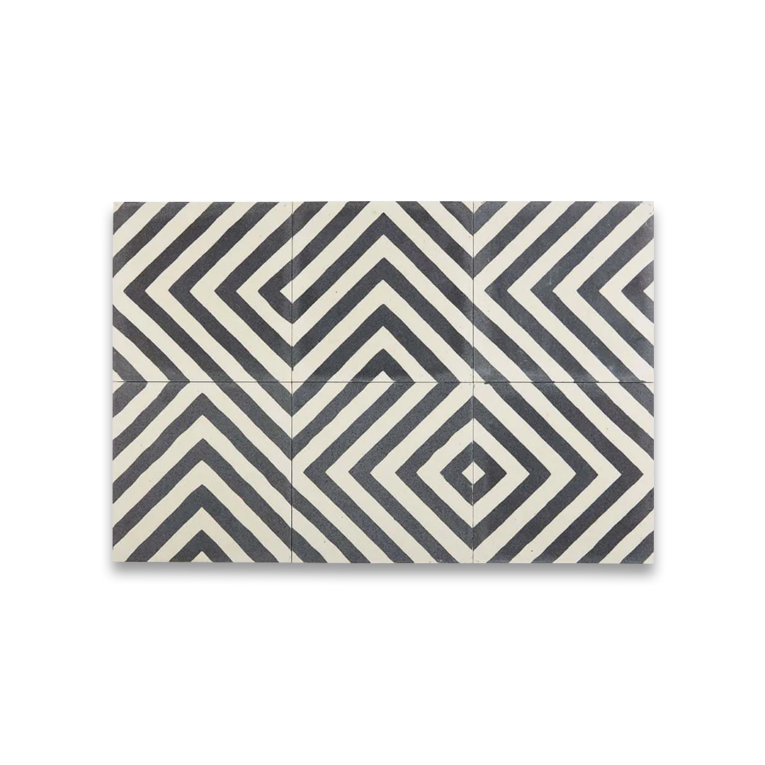 Square ceramic tile with bold chevron pattern of alternating dark gray textured and smooth off-white stripes, forming inverted V-shapes for modern geometric.