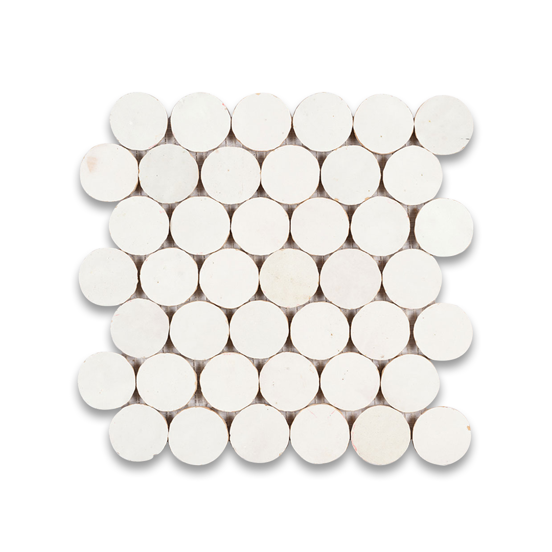 White circular tiles arranged in a grid pattern on a white background