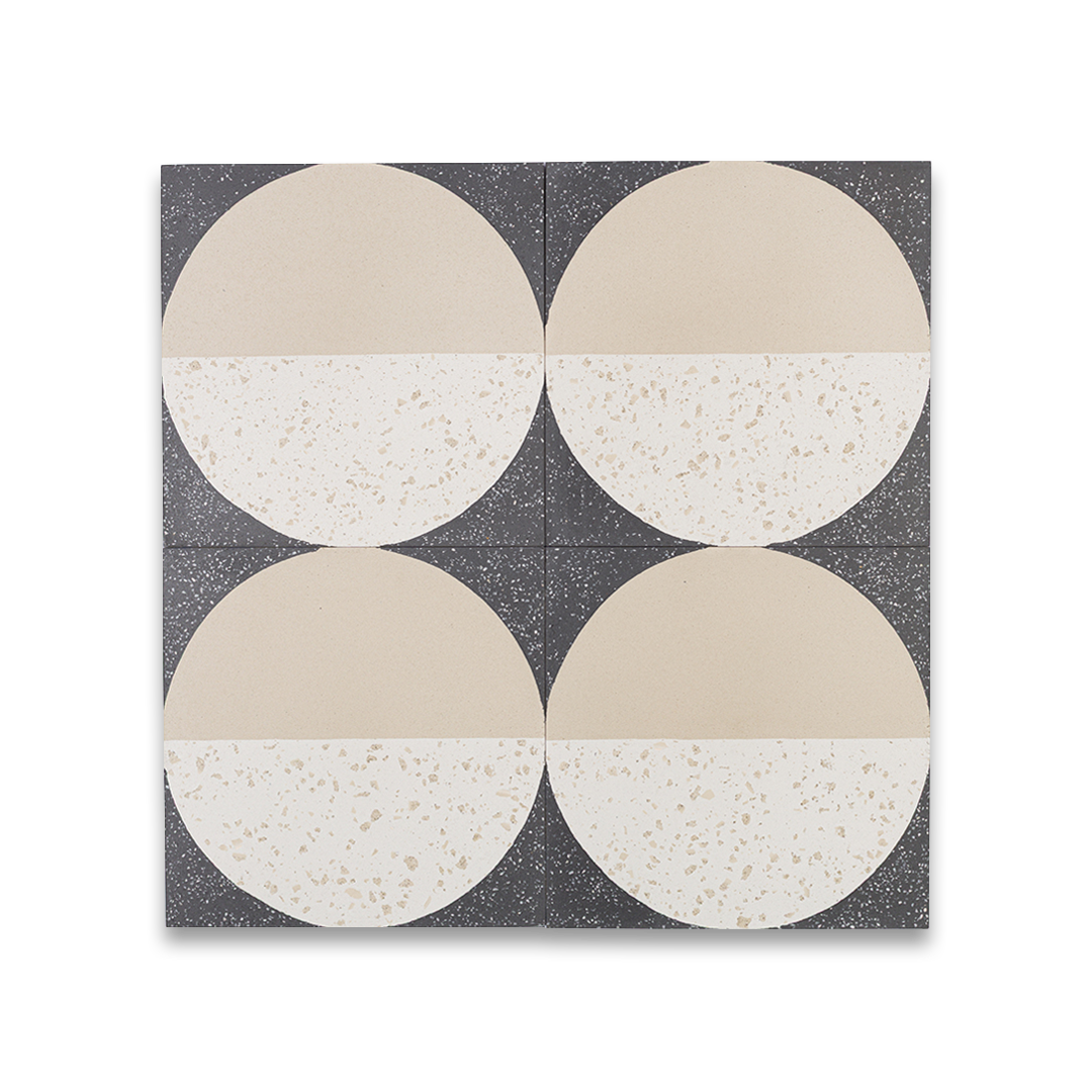 Square cement tile featuring a modern geometric design with a half-beige and half-white terrazzo circle on a dark speckled background, ideal for contemporary flooring and wall décor.