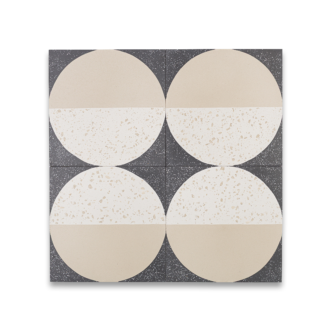 Square cement tile featuring a modern geometric design with a half-beige and half-white terrazzo circle on a dark speckled background, ideal for contemporary flooring and wall décor.