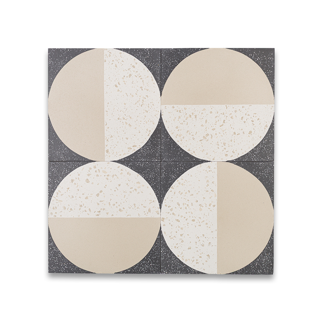 Square cement tile featuring a modern geometric design with a half-beige and half-white terrazzo circle on a dark speckled background, ideal for contemporary flooring and wall décor.