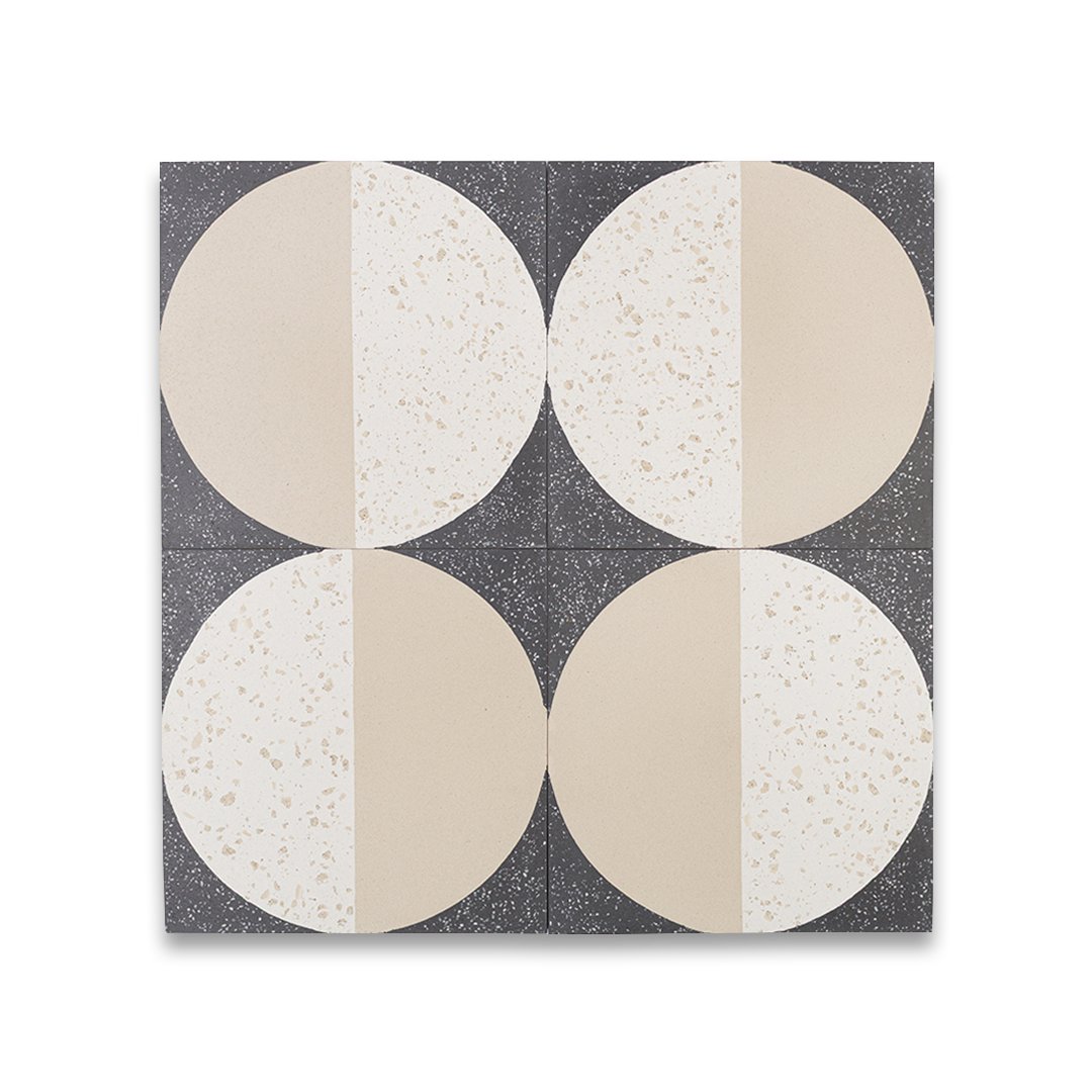 Square cement tile featuring a modern geometric design with a half-beige and half-white terrazzo circle on a dark speckled background, ideal for contemporary flooring and wall décor.