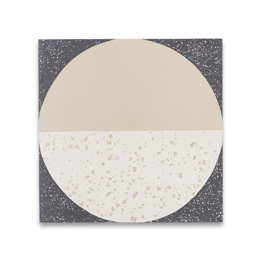 Square cement tile featuring a modern geometric design with a half-beige and half-white terrazzo circle on a dark speckled background, ideal for contemporary flooring and wall décor.