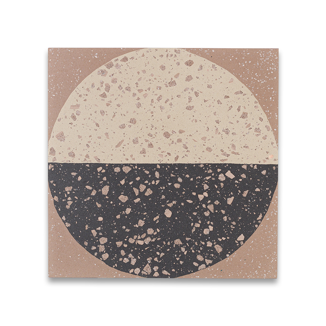 Square cement tile featuring a geometric terrazzo design with a half-black and half-beige circular pattern, showcasing speckled stone textures for modern flooring and wall décor applications.