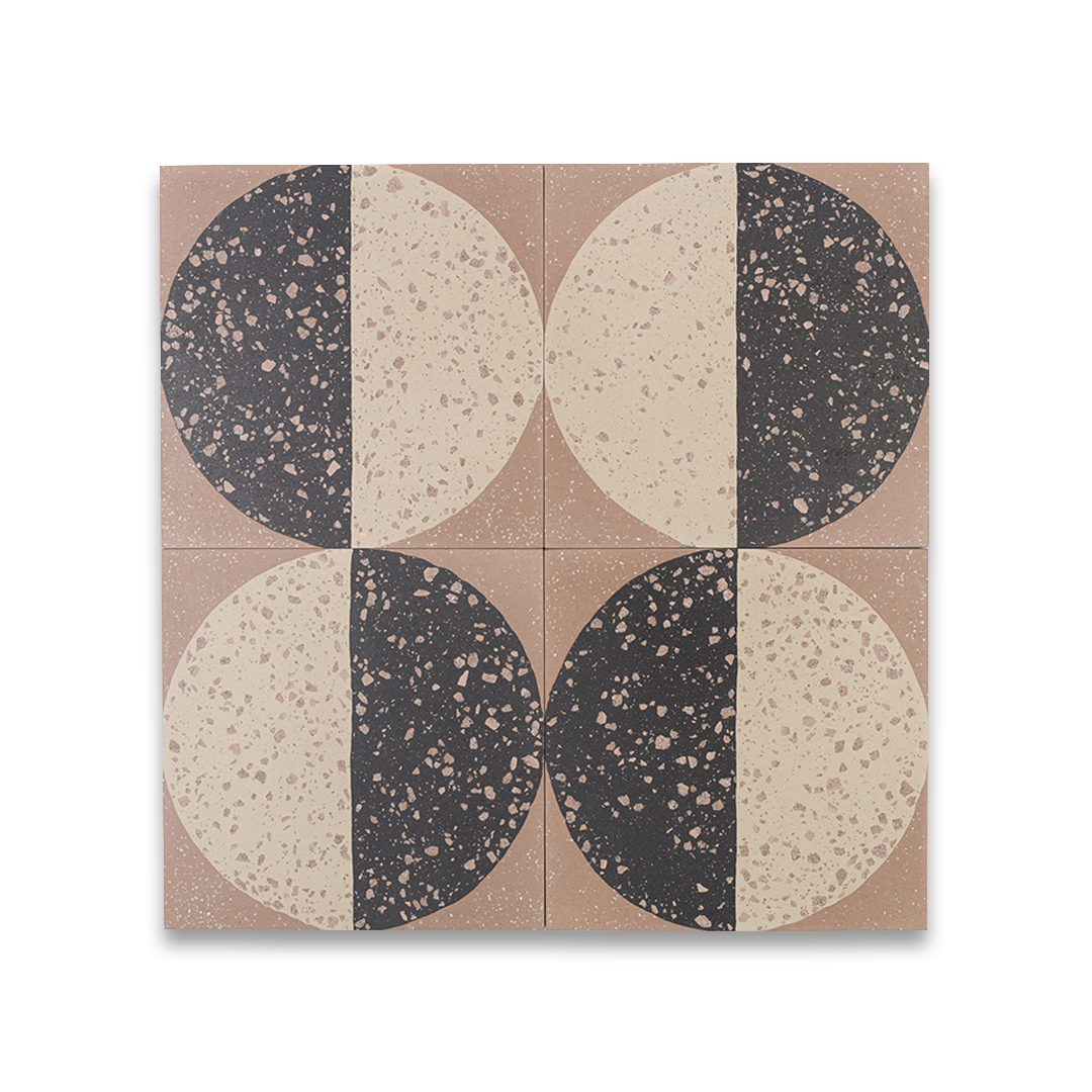 Square cement tile featuring a geometric terrazzo design with a half-black and half-beige circular pattern, showcasing speckled stone textures for modern flooring and wall décor applications.