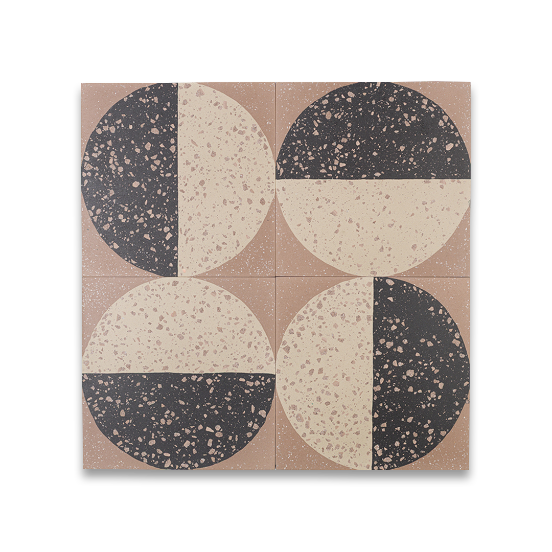 Square cement tile featuring a geometric terrazzo design with a half-black and half-beige circular pattern, showcasing speckled stone textures for modern flooring and wall décor applications.