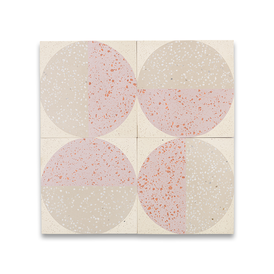 Square cement tile design featuring a terrazzo-style circular pattern in blush pink and beige tones with speckled texture, ideal for modern flooring, wall cladding, or contemporary interior decor.