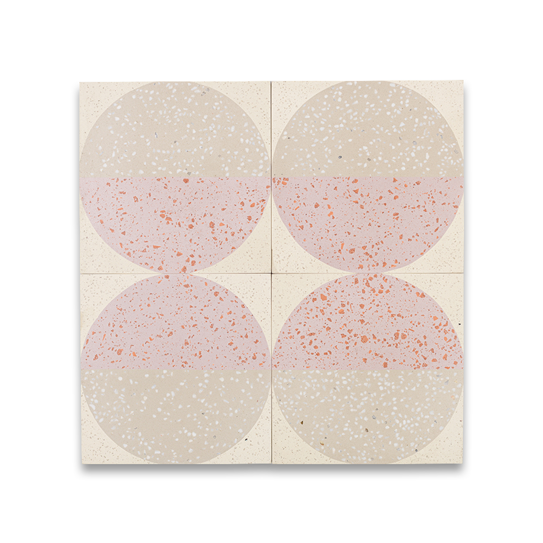 Square cement tile design featuring a terrazzo-style circular pattern in blush pink and beige tones with speckled texture, ideal for modern flooring, wall cladding, or contemporary interior decor.