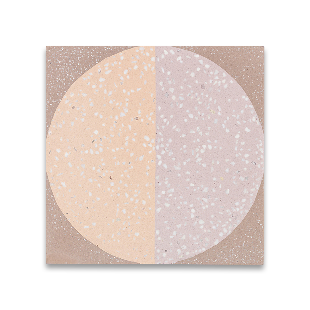 A large circular pattern in peach and lavender tones with speckled texture, ideal for contemporary flooring or wall decor.