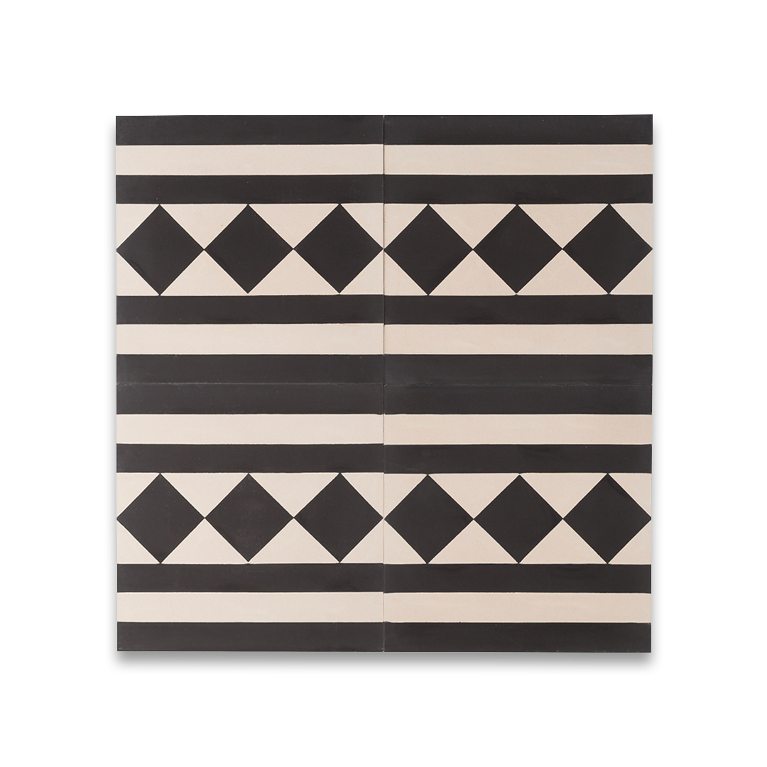 A square cement tile featuring alternating black and beige horizontal stripes with a central row of black diamond shapes, creating a bold, geometric, and modern visual pattern.