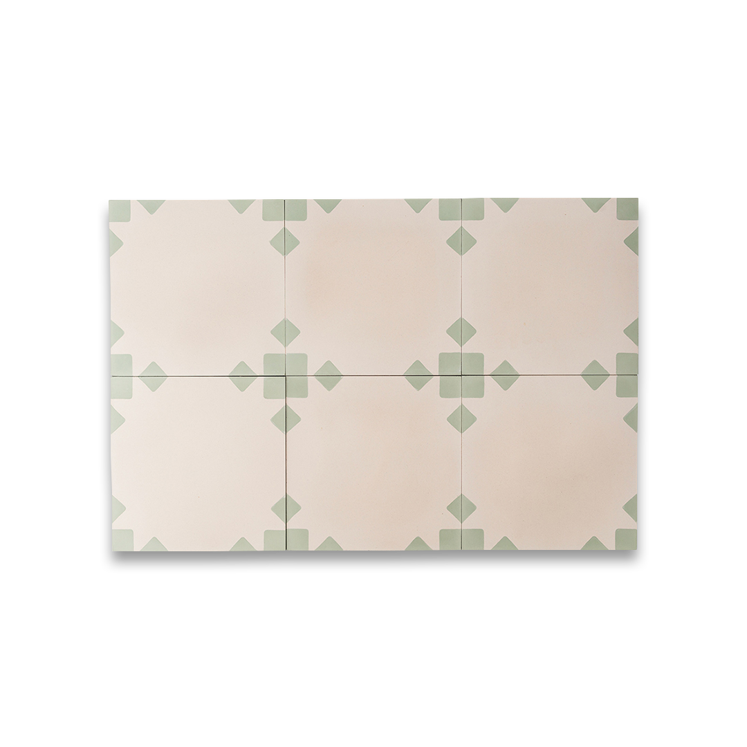 Sage Edge cement tile featuring a soft cream base with muted sage green corner accents, ideal for modern interiors, patterned flooring, and wall applications in contemporary spaces.