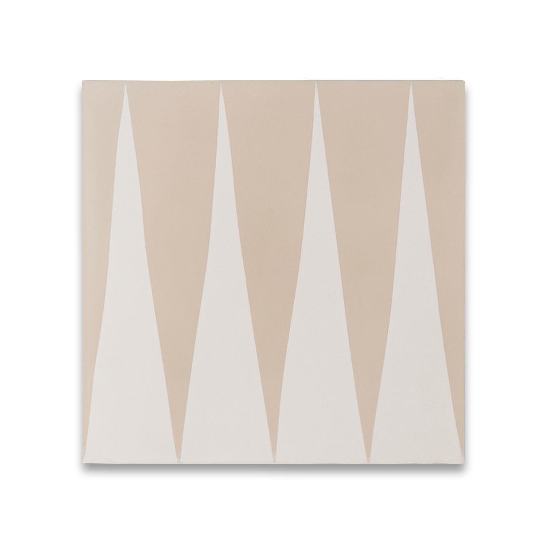 An alternating beige and white elongated triangular patterns forming a geometric zigzag motif, ideal for modern flooring, wall accents, or Scandinavian-inspired interior decor.