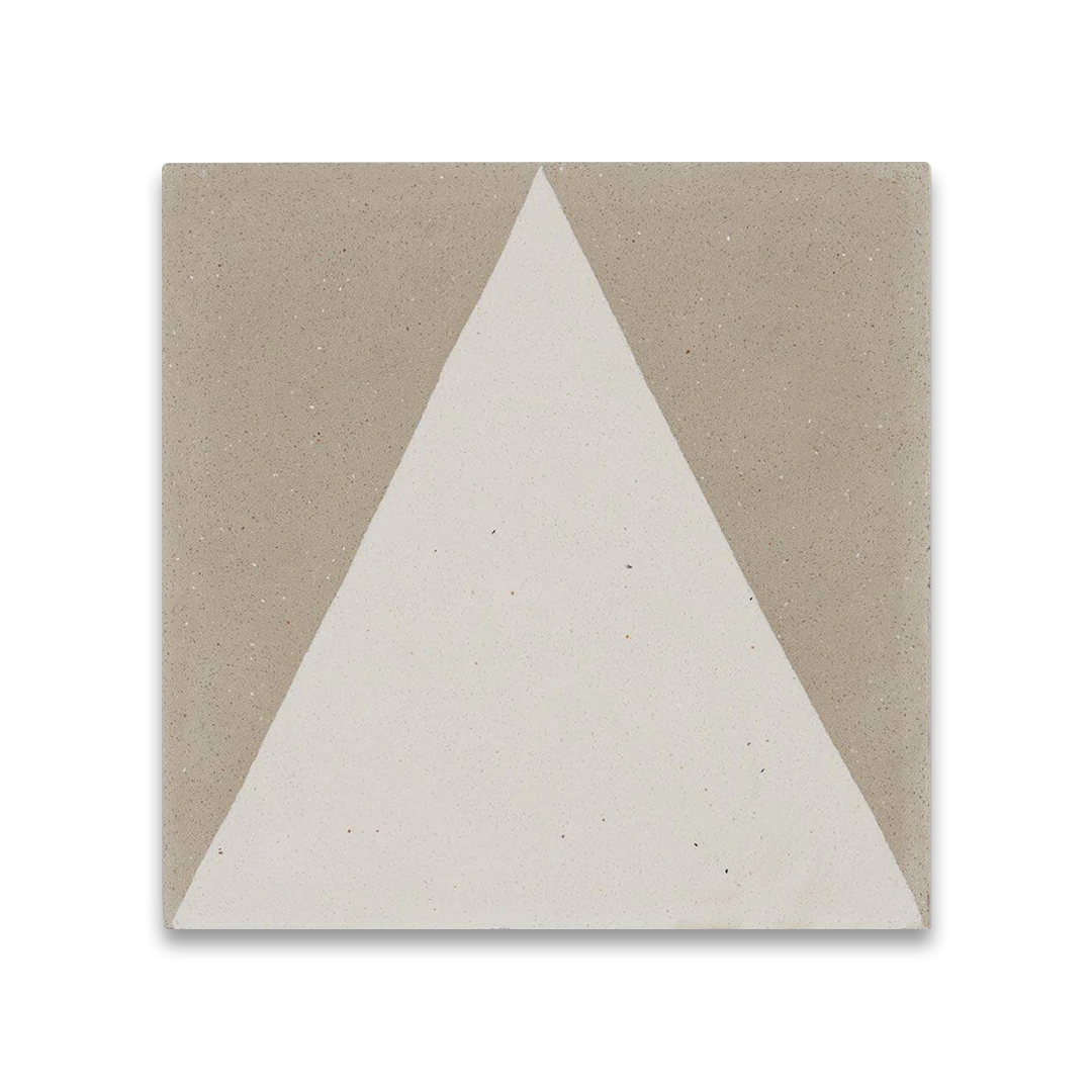 A minimalist geometric design with a white triangle centered on a taupe background, matte finish, ideal for modern, Scandinavian, or contemporary flooring and wall décor applications.