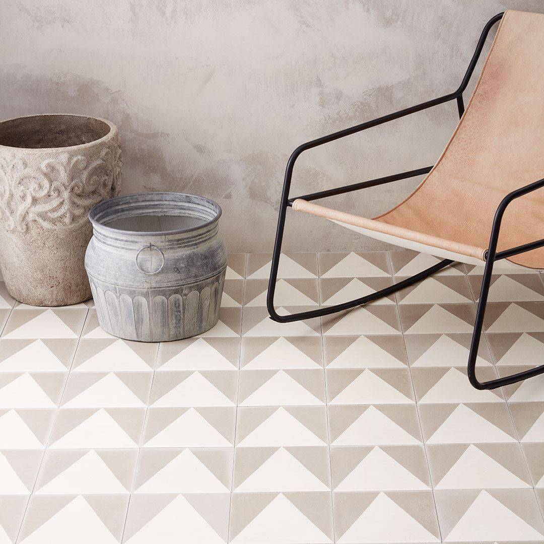 A minimalist geometric design with a white triangle centered on a taupe background, matte finish, ideal for modern, Scandinavian, or contemporary flooring and wall décor applications.