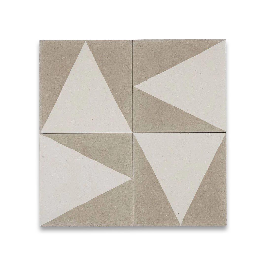 A minimalist geometric design with a white triangle centered on a taupe background, matte finish, ideal for modern, Scandinavian, or contemporary flooring and wall décor applications.