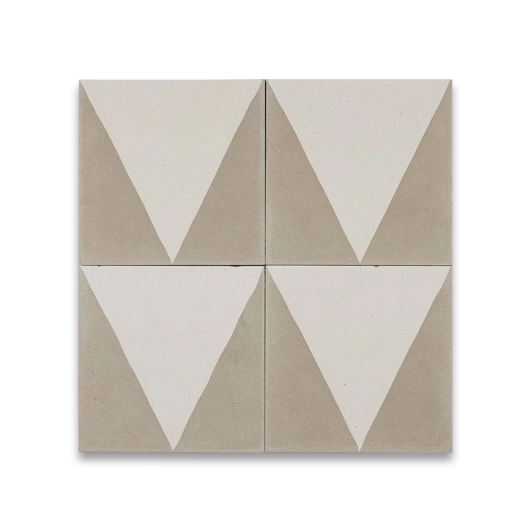 A minimalist geometric design with a white triangle centered on a taupe background, matte finish, ideal for modern, Scandinavian, or contemporary flooring and wall décor applications.