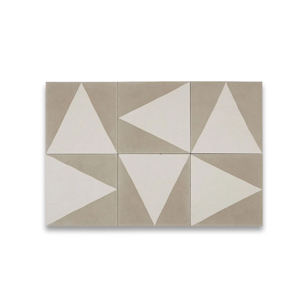 A minimalist geometric design with a white triangle centered on a taupe background, matte finish, ideal for modern, Scandinavian, or contemporary flooring and wall décor applications.