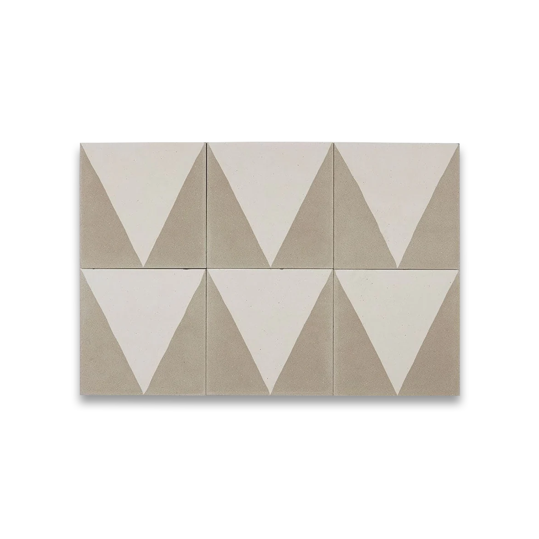 A minimalist geometric design with a white triangle centered on a taupe background, matte finish, ideal for modern, Scandinavian, or contemporary flooring and wall décor applications.
