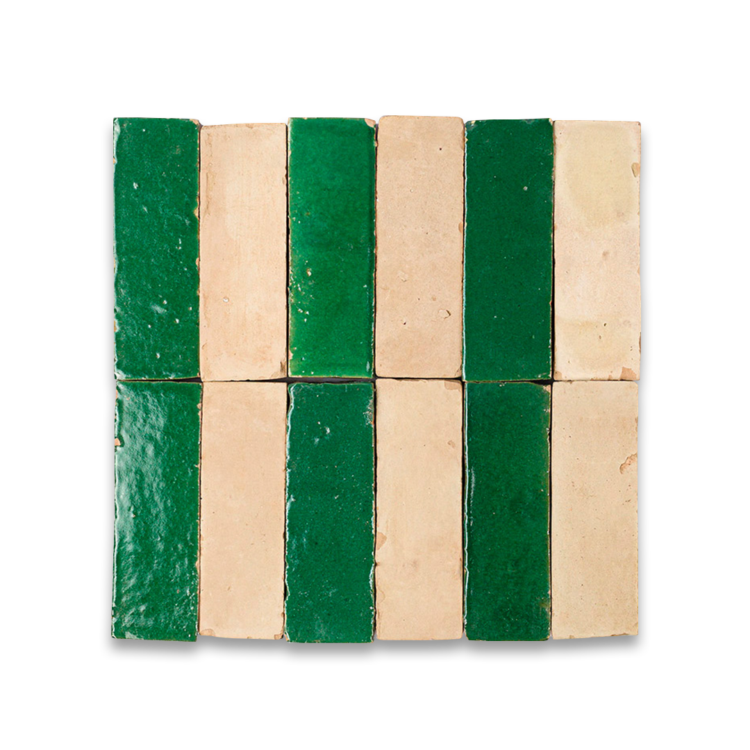 Square tile with green and beige stripes on a white background