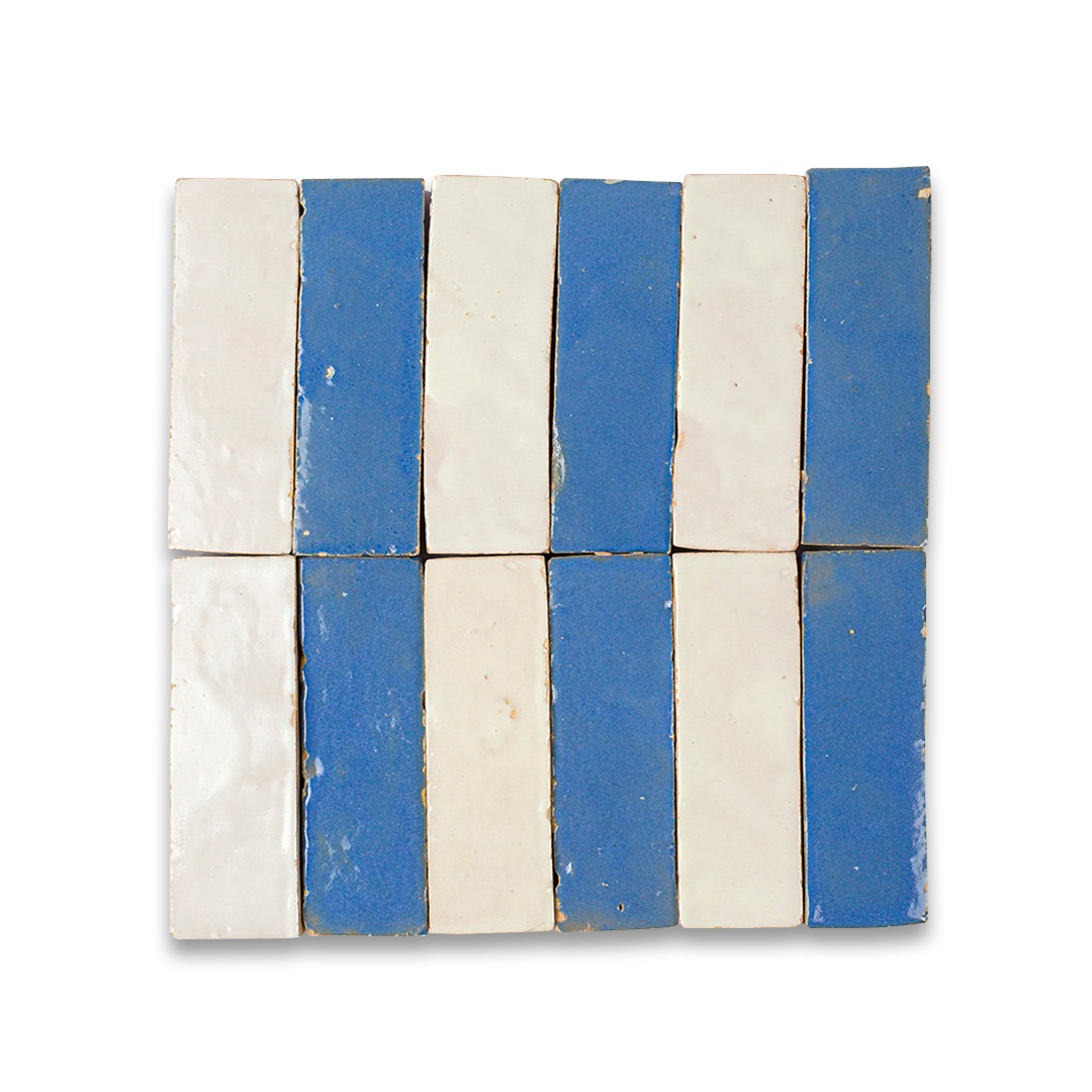 Tile with blue and white stripes on a white background