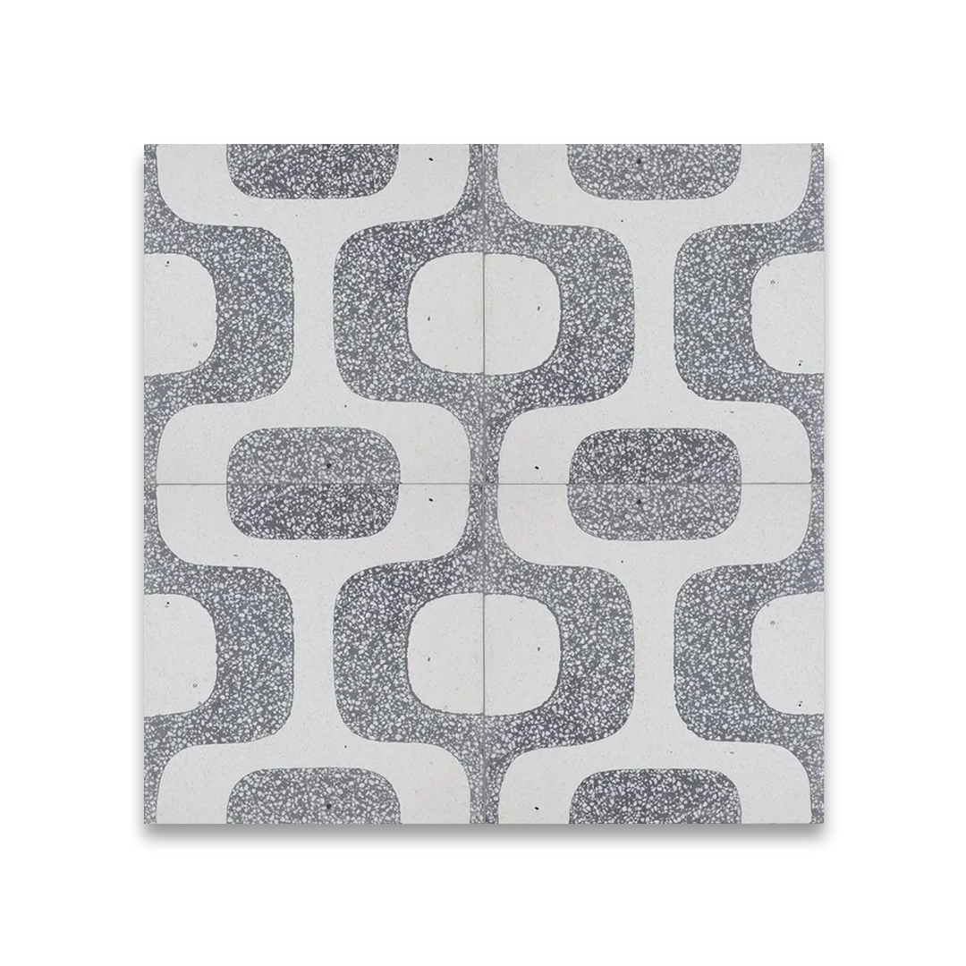 A square cement tile featuring a white background with curved gray terrazzo patterns forming abstract geometric shapes, creating a modern, retro-inspired, and textured decorative design.