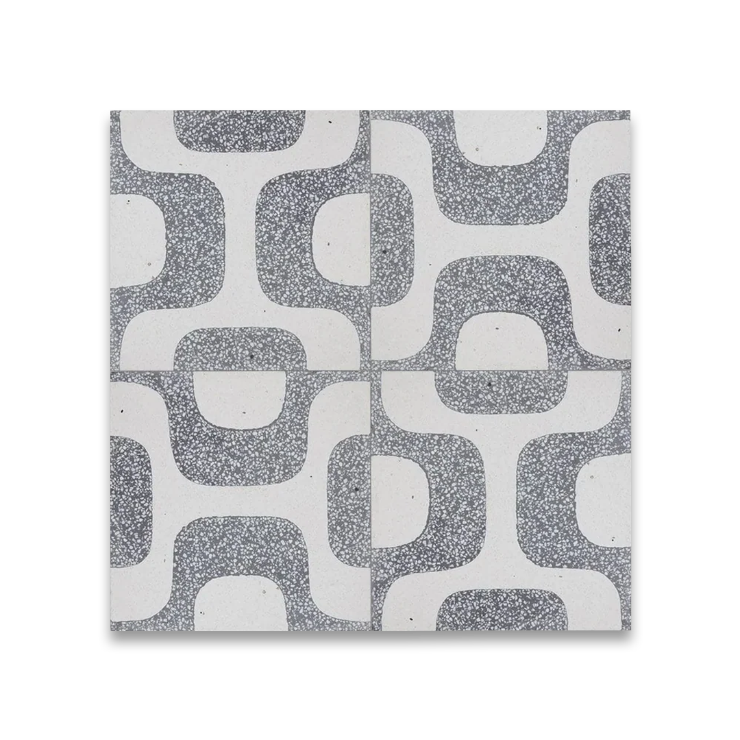 A square cement tile featuring a white background with curved gray terrazzo patterns forming abstract geometric shapes, creating a modern, retro-inspired, and textured decorative design.
