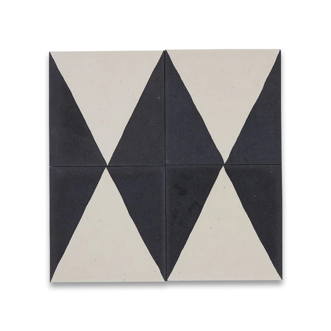 Monochrome Peak cement tile featuring a bold black triangular border framing a cream center, ideal for modern interiors, geometric flooring, and accent wall applications in contemporary spaces.