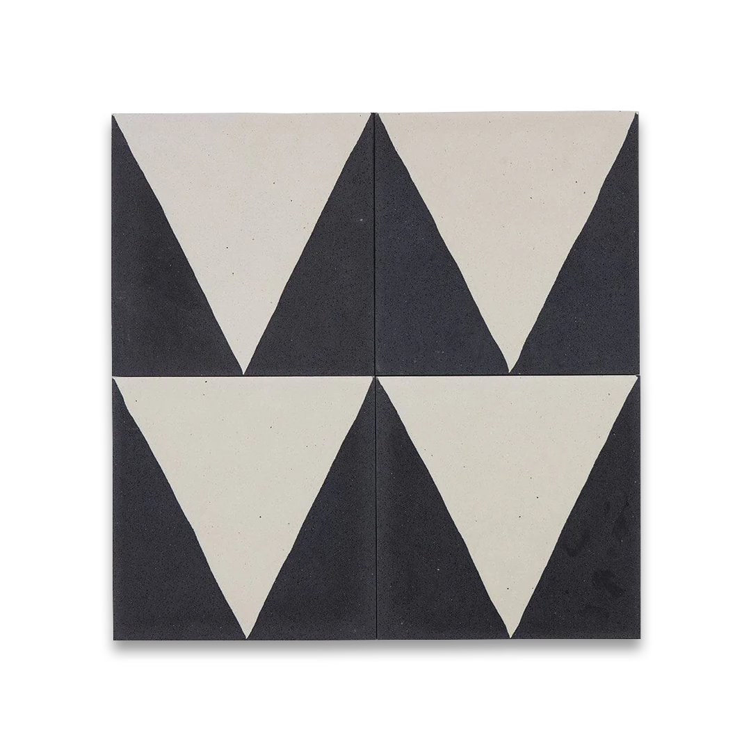 Monochrome Peak cement tile featuring a bold black triangular border framing a cream center, ideal for modern interiors, geometric flooring, and accent wall applications in contemporary spaces.