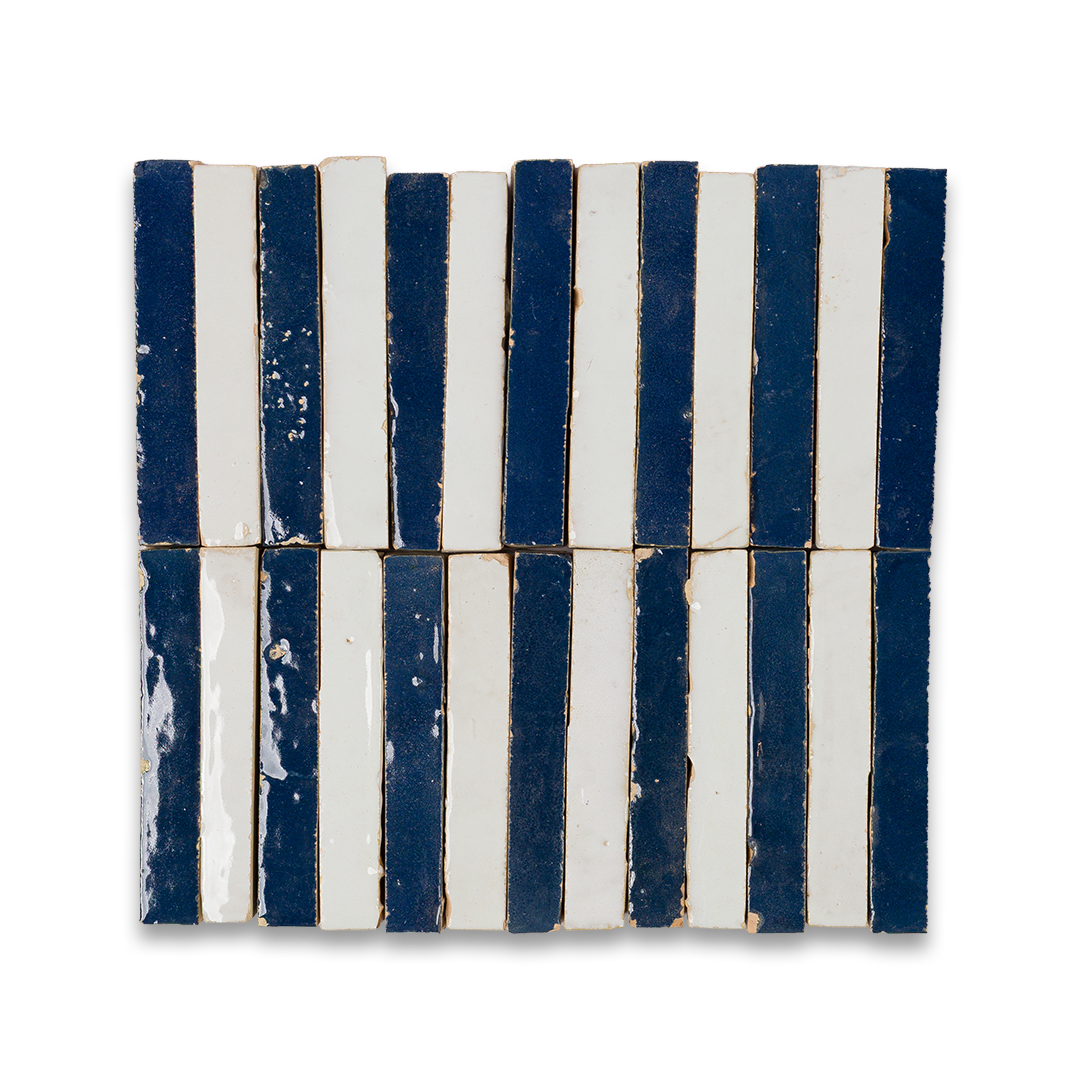 Set of blue and white striped tiles on a white background