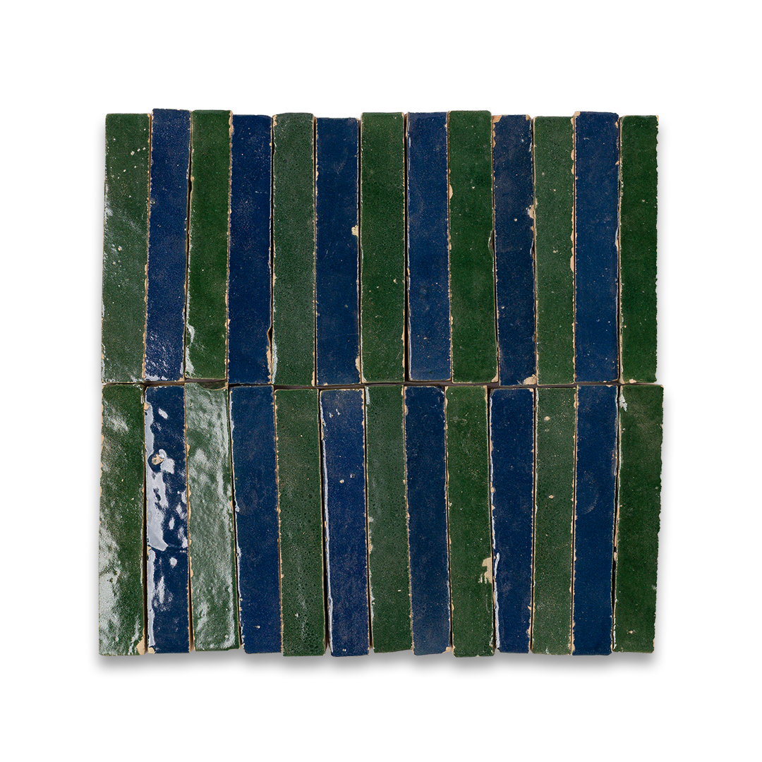 Mosaic tile pattern with alternating blue and green stripes on a white background