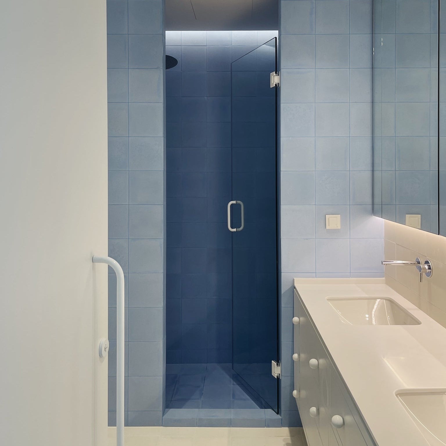 Square blue metro cement tile with a smooth matte finish and subtle cloudy texture, ideal for modern flooring, wall cladding, kitchen backsplashes, and minimalist interior design applications.