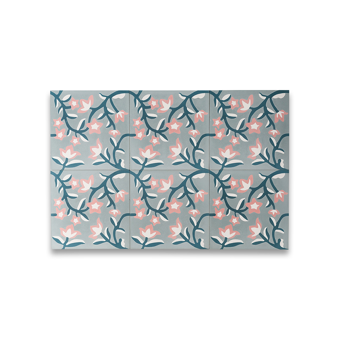 Floral patterned paper with pink flowers and green leaves on a gray background