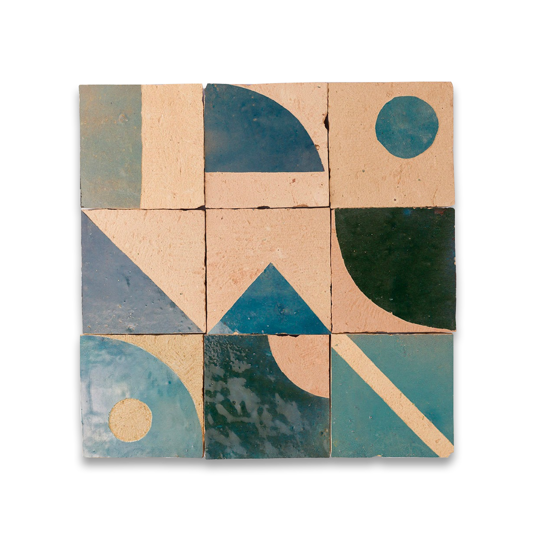 Square tile with geometric shapes in earthy tones on a white background